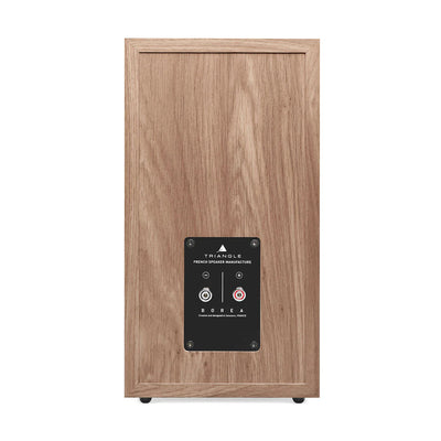 Spatele Triangle Borea BR03 Boxe de raft, finisaj lemn. Conectori audio vizibili pentru cabluri.