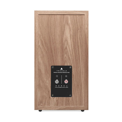 Spatele Triangle Borea BR03 Boxe de raft, finisaj lemn. Conectori audio vizibili pentru cabluri.