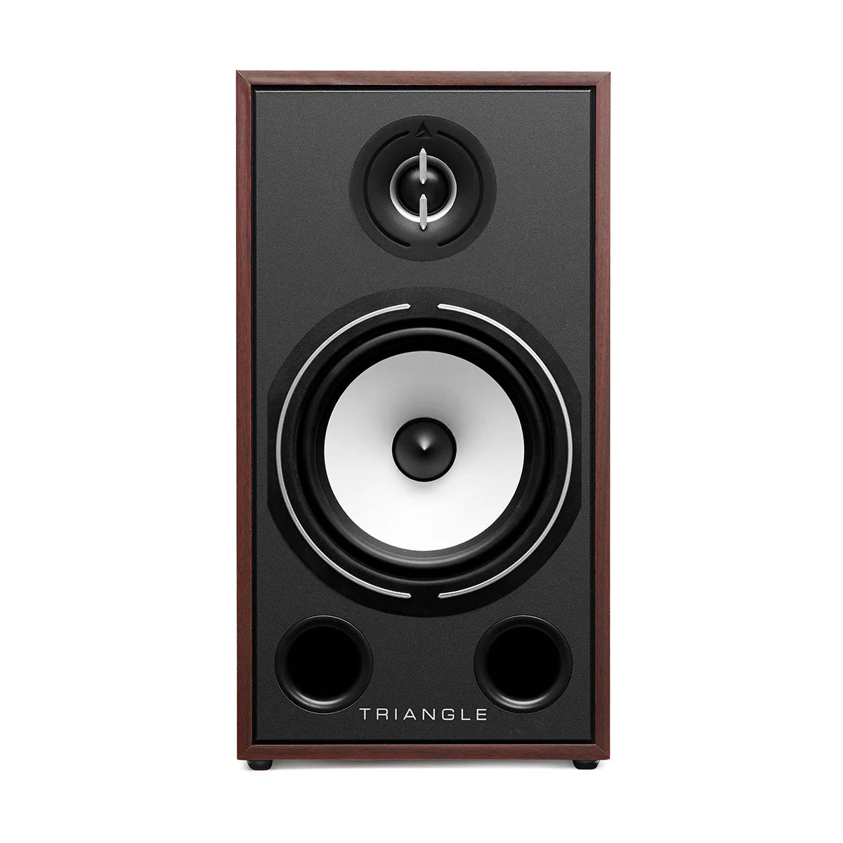 Boxa Triangle Borea BR03, față, culoare nuc, tweeter și woofer vizibile, ideal pentru sistem home theater.