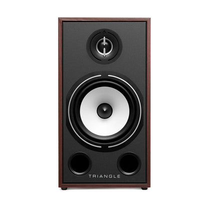 Boxa Triangle Borea BR03, față, culoare nuc, tweeter și woofer vizibile, ideal pentru sistem home theater.