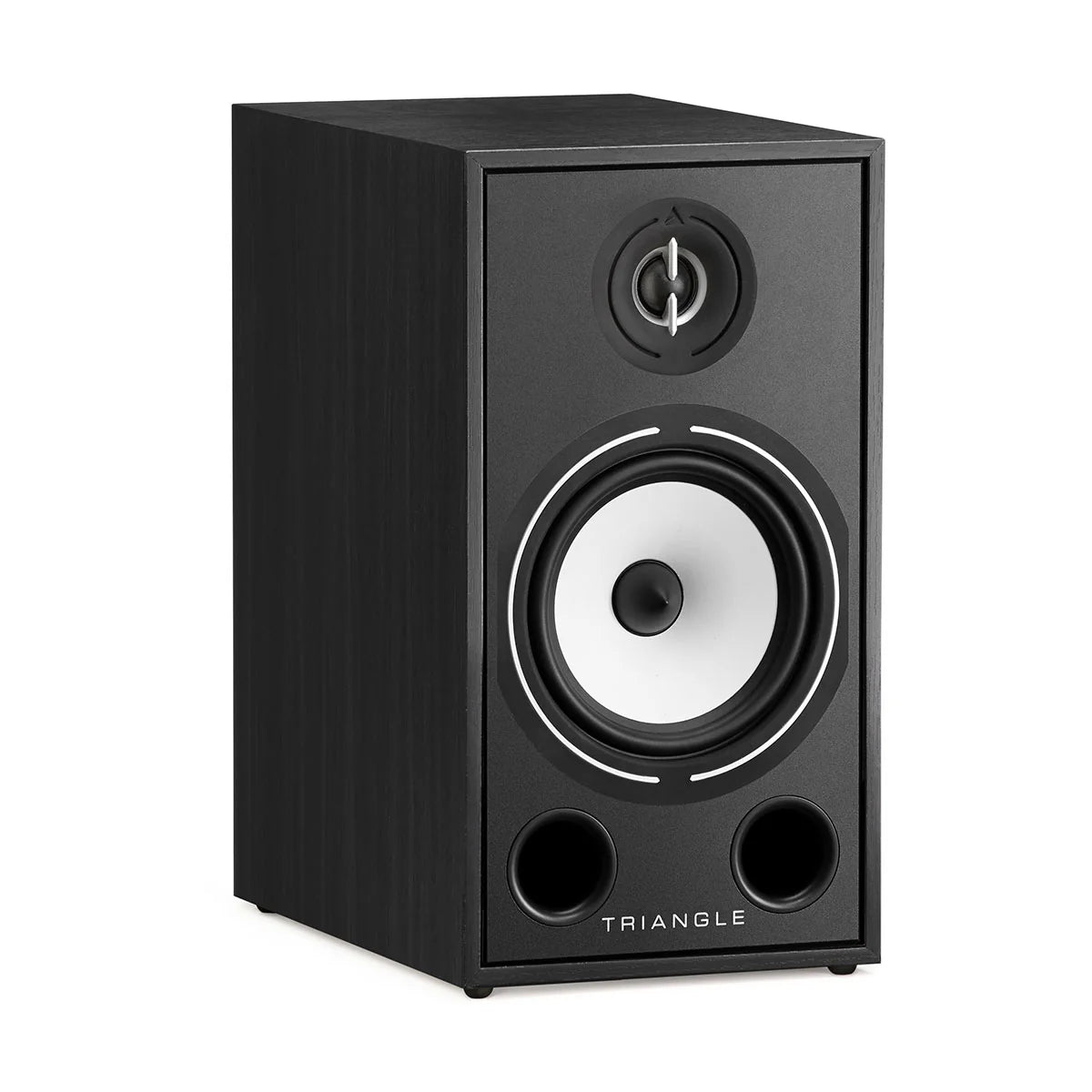 Boxă neagră Triangle Borea BR03, vedere din față, cu tweeter și woofer vizibile, porturi bas reflex.#color_black