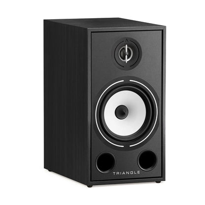 Boxă neagră Triangle Borea BR03, vedere din față, cu tweeter și woofer vizibile, porturi bas reflex.