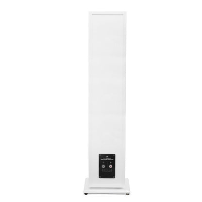 Boxa de podea Triangle Borea BR07 albă, vedere din spate, conectori vizibili pentru cablurile audio.