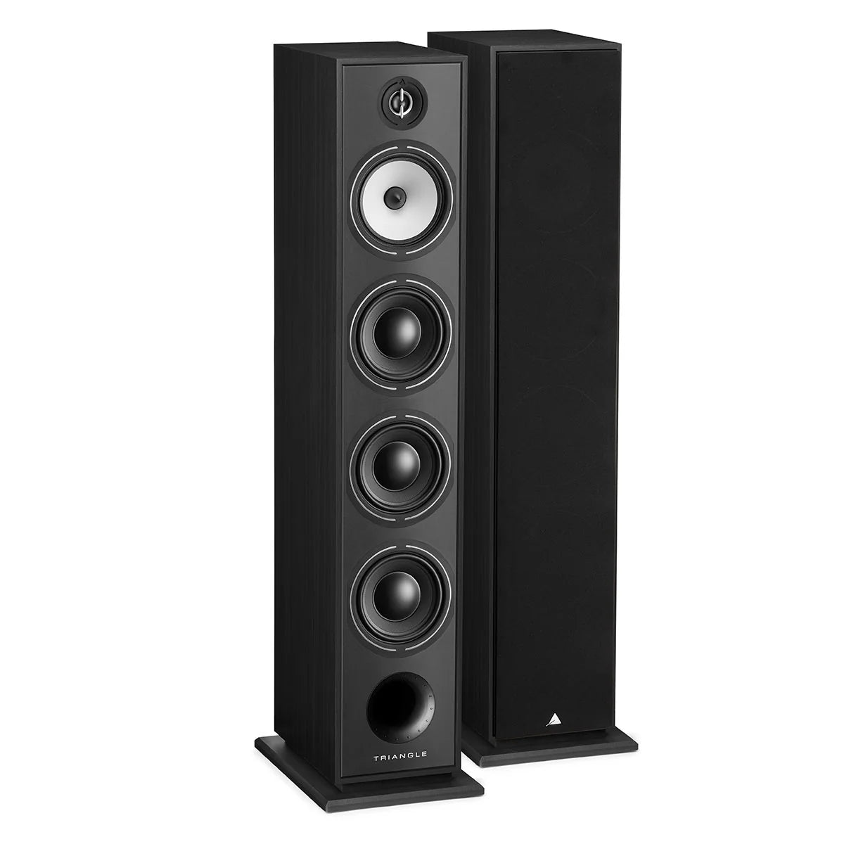Boxe de podea Triangle Borea BR09 negre, vedere frontală, cu patru difuzoare vizibile și port bass reflex.#color_black