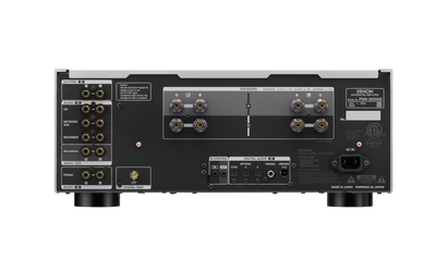 Spatele amplificatorului Denon PMA-3000NE, negru, cu conexiuni audio digitale și analogice, intrări CD și AUX.