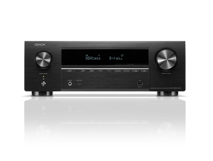 Receivator Denon AVR-X1800H DAB, negru, vedere frontală, afișaj digital, butoane volum și selecție sursă.