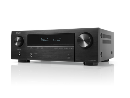 Receptor AV Denon AVR-X1800H DAB, vedere din stânga, negru, afișaj digital și butoane de control vizibile.