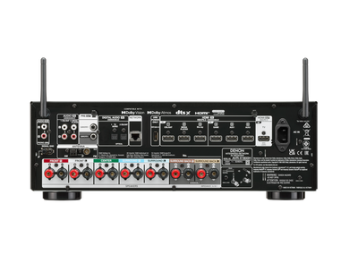 Denon AVR-X1800H, vedere spate, porturi HDMI, audio și rețea, conexiuni boxe, culoare negru.