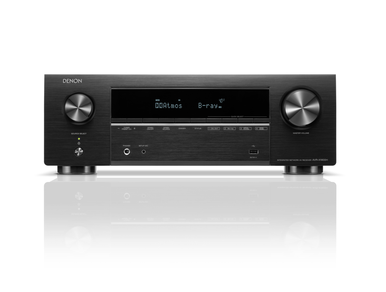 Denon AVR-X1800H Receiver AV, vedere frontală, negru, afișaj digital, butoane volum și sursă vizibile.#color_black