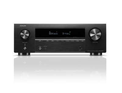 Denon AVR-X1800H Receiver AV, vedere frontală, negru, afișaj digital, butoane volum și sursă vizibile.