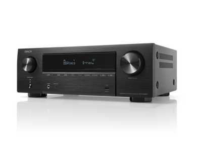 Denon AVR-X1800H Receiver AV, vedere frontală, culoare neagră, afișaj digital, butoane volum mari.