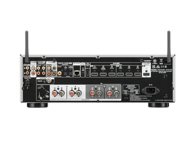 Denon DRA-900H Receiver AV, vedere din spate, culoare argintie, conectori HDMI, audio și rețea vizibili.