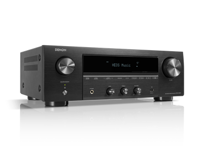 Receiver AV Denon DRA-900H, vedere frontală, negru, butoane de control volum și sursă, afișaj HEOS Music.