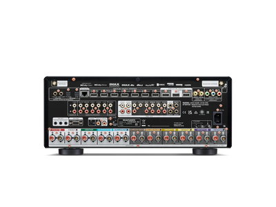 Panou spate Marantz Cinema 40 Receiver AV argintiu, multiple intrări HDMI, ieșiri audio și video, conexiuni boxe.
