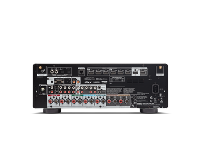Panoul din spate al receiverului Marantz Cinema 60 DAB negru, cu multiple intrări HDMI, audio și rețea.
