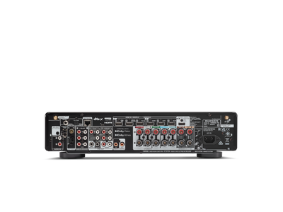 Panou spate Marantz Cinema 70s Receiver AV negru, cu multiple intrări HDMI, ieșiri audio și conexiuni pentru boxe.