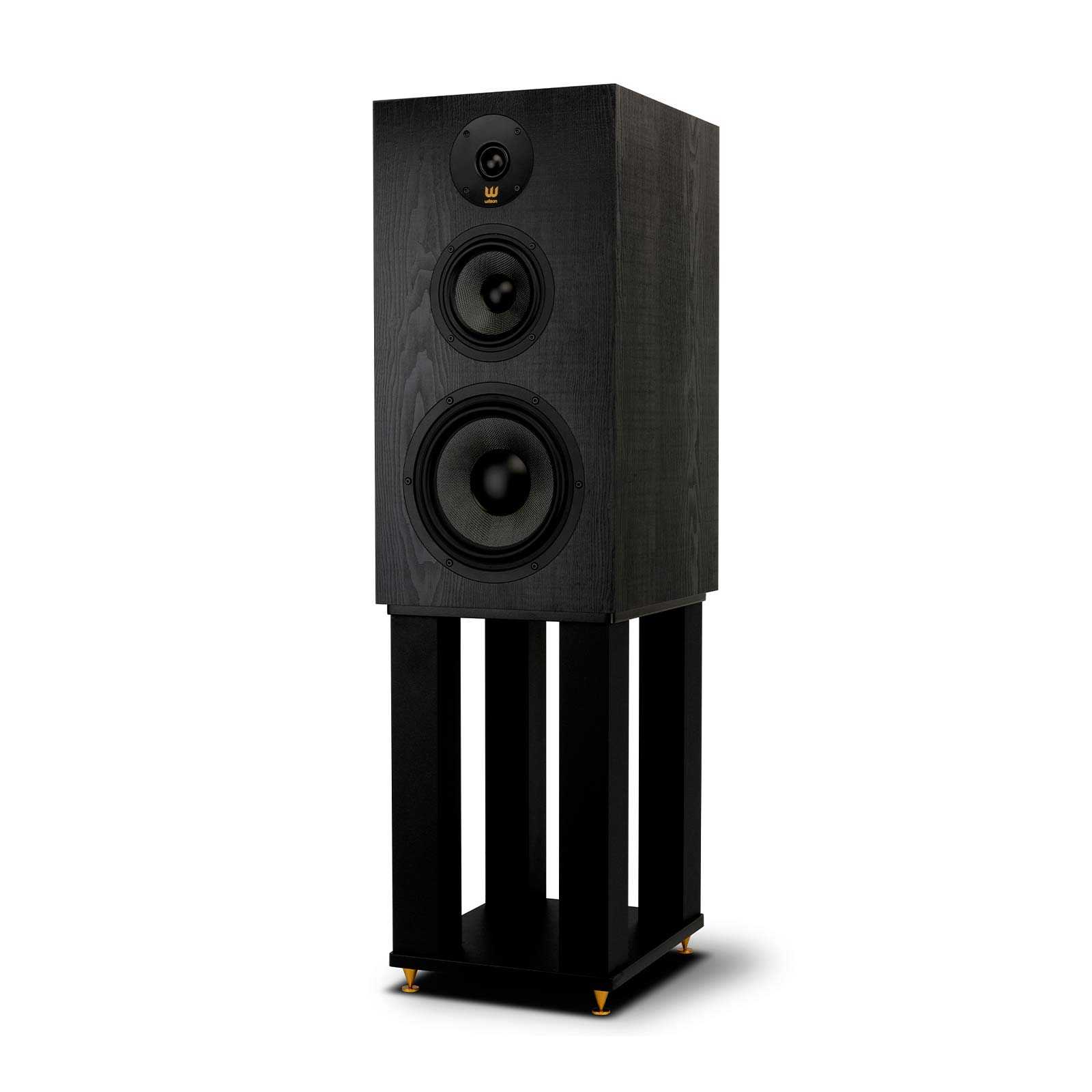 Boxă Wilson Classic Black Oak, vedere frontală pe suport negru, cu două difuzoare și un tweeter vizibile.