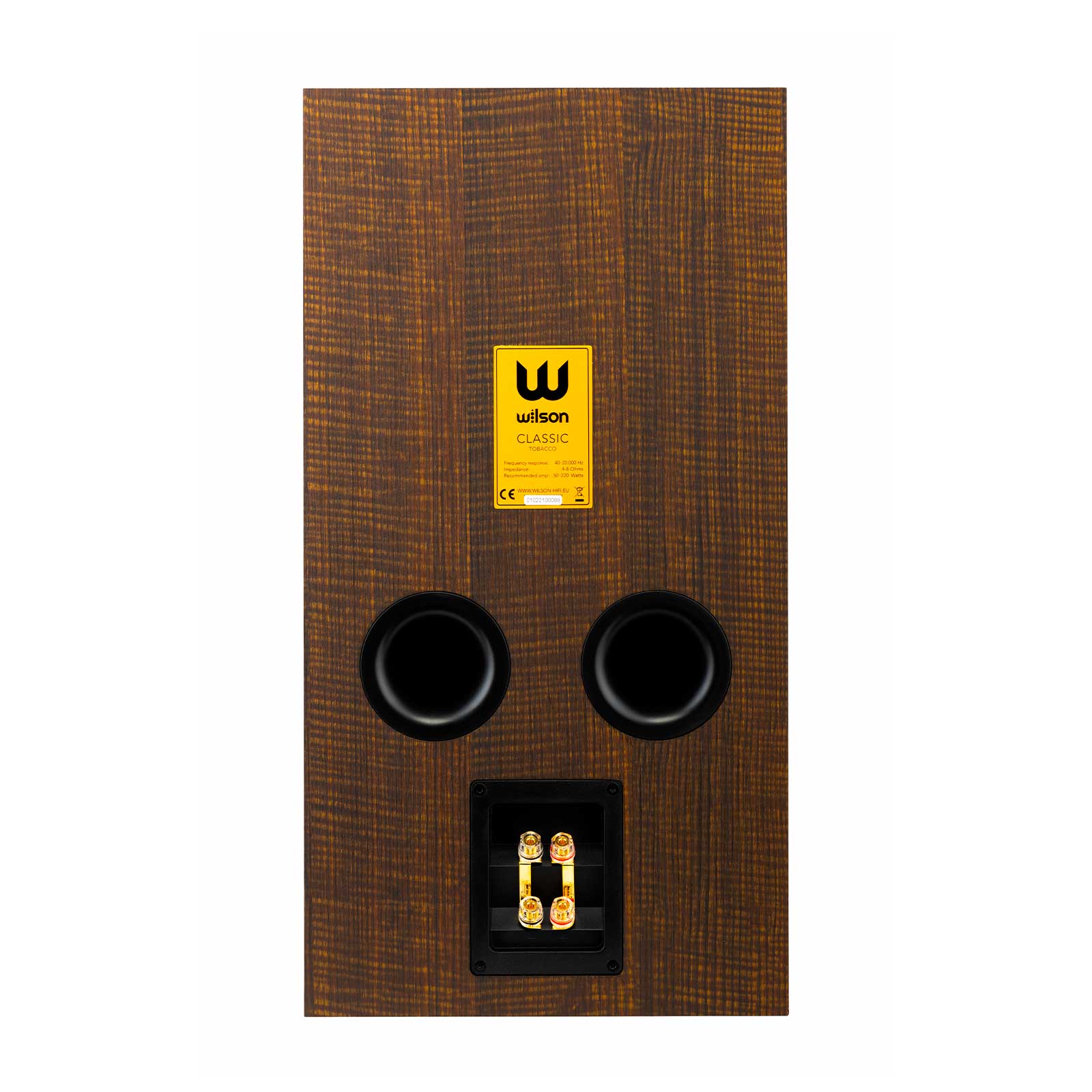 Spatele Wilson Classic Boxe de raft, culoare Tobacco, arată eticheta și porturile de conectare duale.