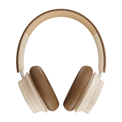Dali iO-8 Căști Bluetooth, vedere frontală, culoare Caramel White, cupe și bandă căptușite, butoane vizibile.