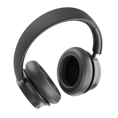 Căști Bluetooth Dali iO-8, culoare Iron Black, vedere laterală. Pernițe moi și bandă de susținere vizibile.