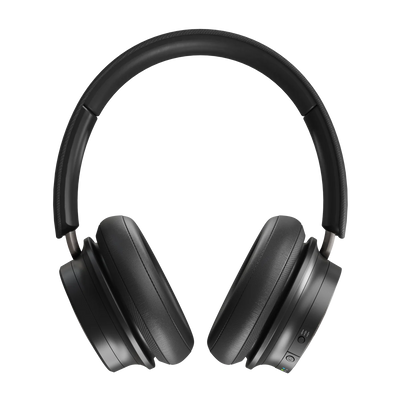 Căști Dali iO-8 Bluetooth, vedere frontală, culoare Iron Black, cupe mari și bandă ajustabilă.