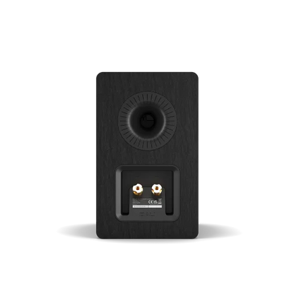 Spate boxă Dali Kupid Black Ash, conectori aurii pentru cabluri și port bass reflex vizibil.
