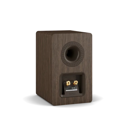 Spatele boxei de raft Dali Kupid culoare Dark Walnut, cu port bass reflex și conectori aurii vizibili.