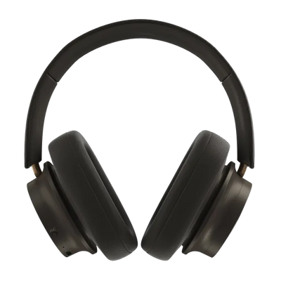 Căști Bluetooth Dali iO-12, vedere frontală, culoare dark chocolate, cupe mari și bandă căptușită.