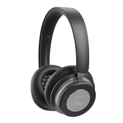 Căști Bluetooth Dali iO-6, vedere laterală, culoare negru fier, cupe mari și bandă căptușită.