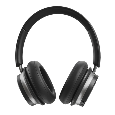 Căști Bluetooth Dali iO-6, vedere frontală, culoare negru fier, cupe rotunde și bandă ajustabilă.
