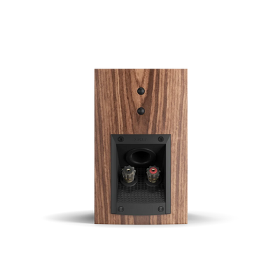 Spatele boxei Dali MENUET, finisaj nuc, cu port bass reflex și conectori pentru cabluri audio.