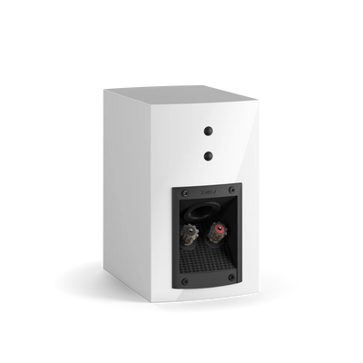 Spatele boxei Dali MENUET alb, cu conectori de intrare și port bass reflex vizibili. Ideal pentru home theater.