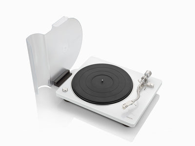 Denon DP-400 Pick-Up alb, vedere de sus, capac deschis, braț și platou vizibile, optimizat pentru audiofili.