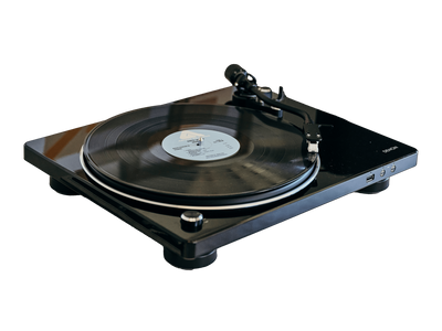 Denon DP-450USB Pick-Up, negru, vedere laterală; arată brațul și porturile USB. Platou cu disc.