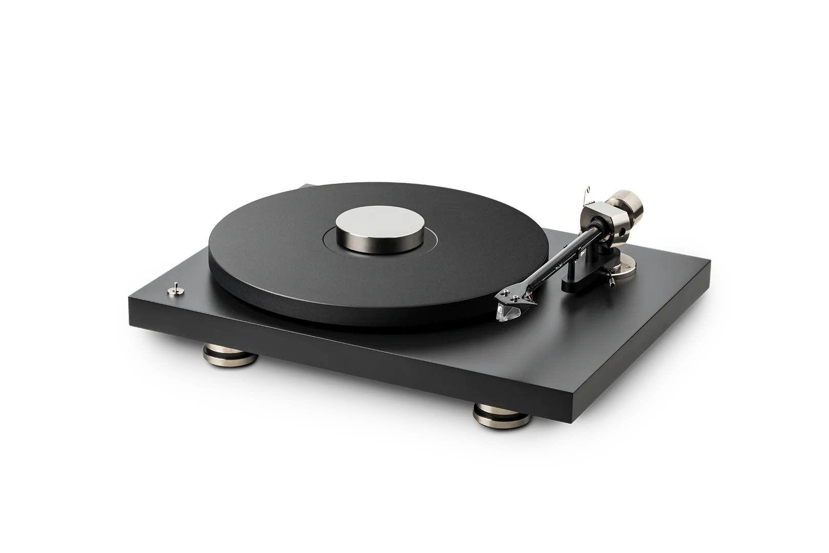 Pick-up Pro-Ject Debut PRO negru, vedere laterală dreapta, braț carbon-aluminiu și platan metalic.