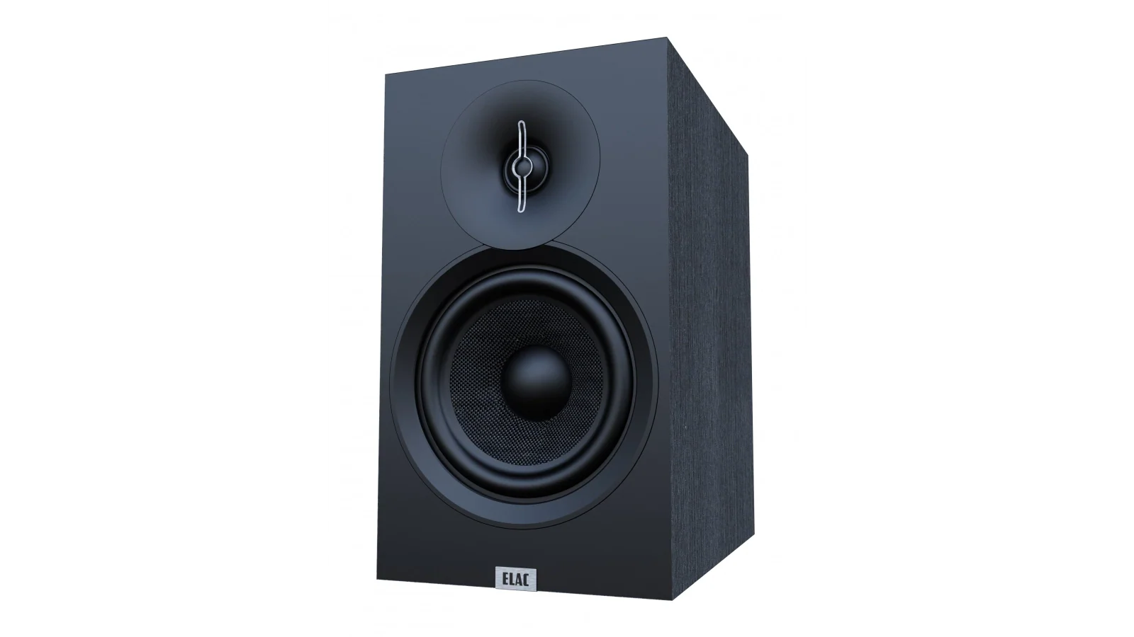 Boxă Elac Debut 3.0 DB63 neagră, vedere frontală ușor laterală cu tweeter și woofer vizibile complet.#color_black