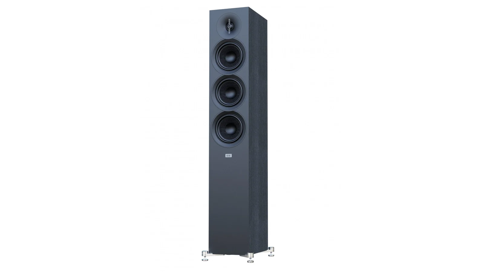 Boxă de podea Elac Debut 3.0 DF53 neagră, vedere frontală cu 3 difuzoare midbass și tweeter vizibile.#color_black