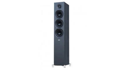 Boxă de podea Elac Debut 3.0 DF53 neagră, vedere frontală cu 3 difuzoare midbass și tweeter vizibile.