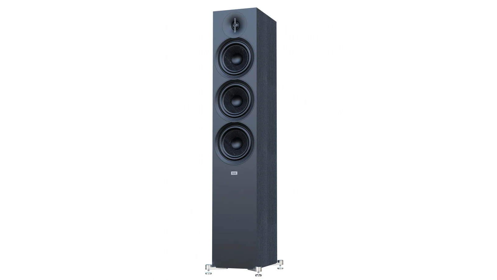 Boxă de podea Elac Debut 3.0 DF63 neagră, vedere frontală ușor laterală, 3 difuzoare midbass și tweeter.#color_black
