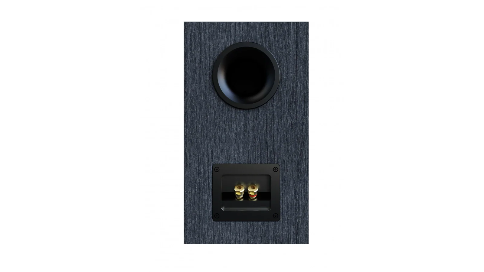 Spate boxă Elac Debut 3.0 DB53, culoare negru, port bass reflex și conectori aurii pentru cabluri.