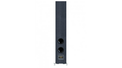 Spate boxă Elac Debut 3.0 DF53 negru, cu două porturi bass reflex și conectori aurii pentru cabluri.