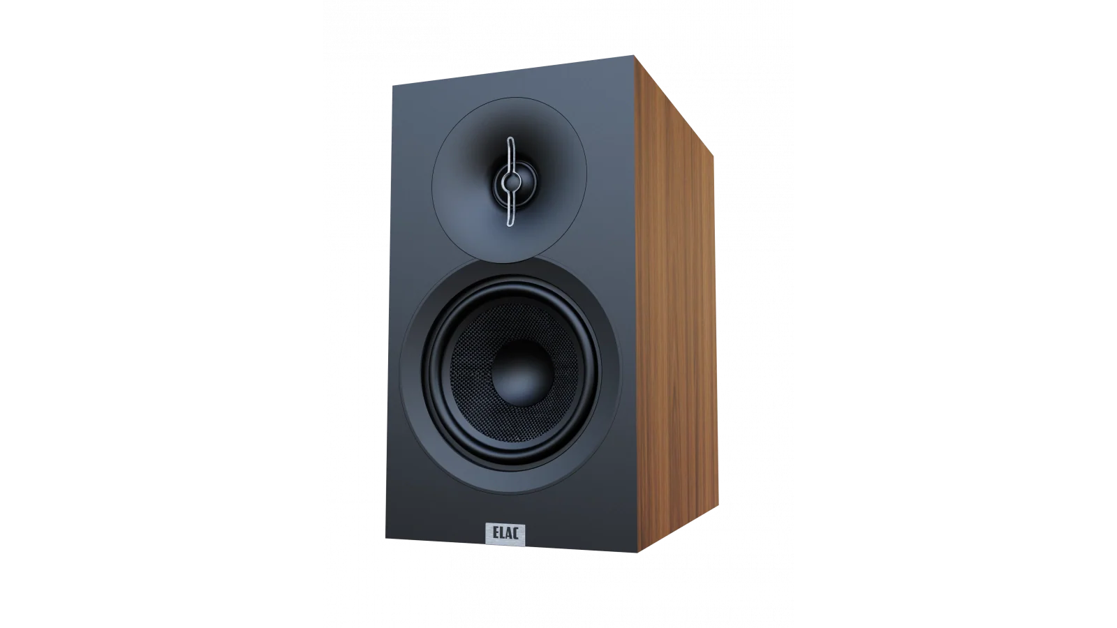 Boxă Elac Debut 3.0 DB53 vedere frontală-dreapta, finisaj lemn, tweeter și woofer vizibile integral.#color_walnut