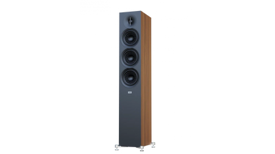 Boxă de podea Elac Debut 3.0 DF53, vedere față-dreapta, finisaj negru cu laterale din lemn, 3 woofere vizibile.
