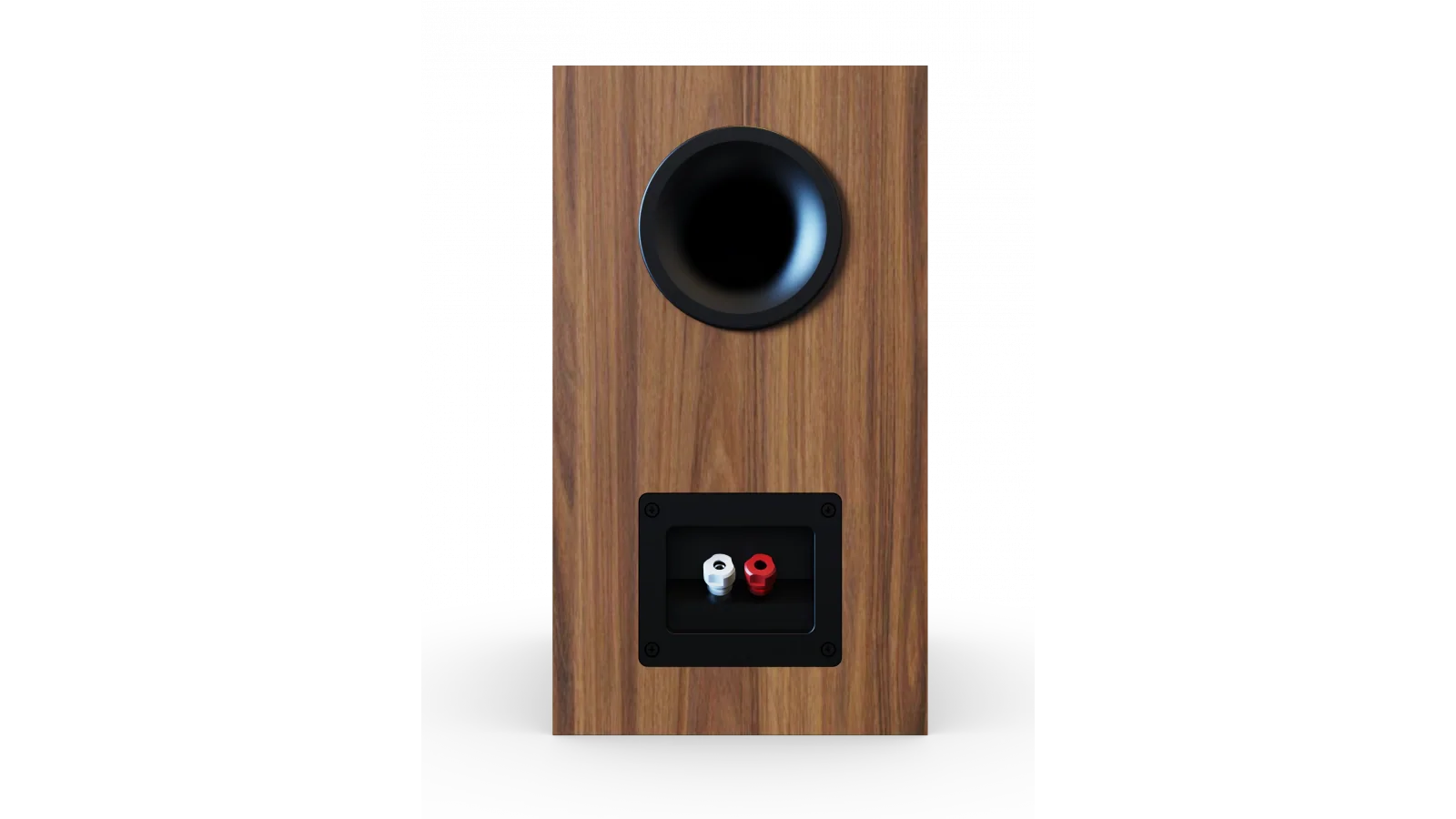 Spate boxă Elac Debut 3.0 DB53, finisaj lemn, port bass reflex și conectori red/black vizibili.