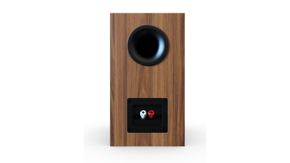 Spate boxă Elac Debut 3.0 DB53, finisaj lemn, port bass reflex și conectori red/black vizibili.