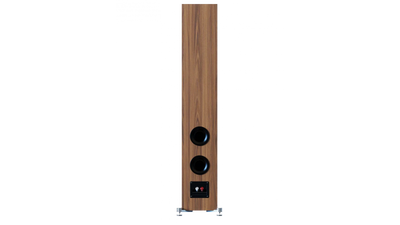Spate boxă Elac Debut 3.0 DF53 finisaj lemn, cu două porturi bass reflex și conectori audio vizibili.