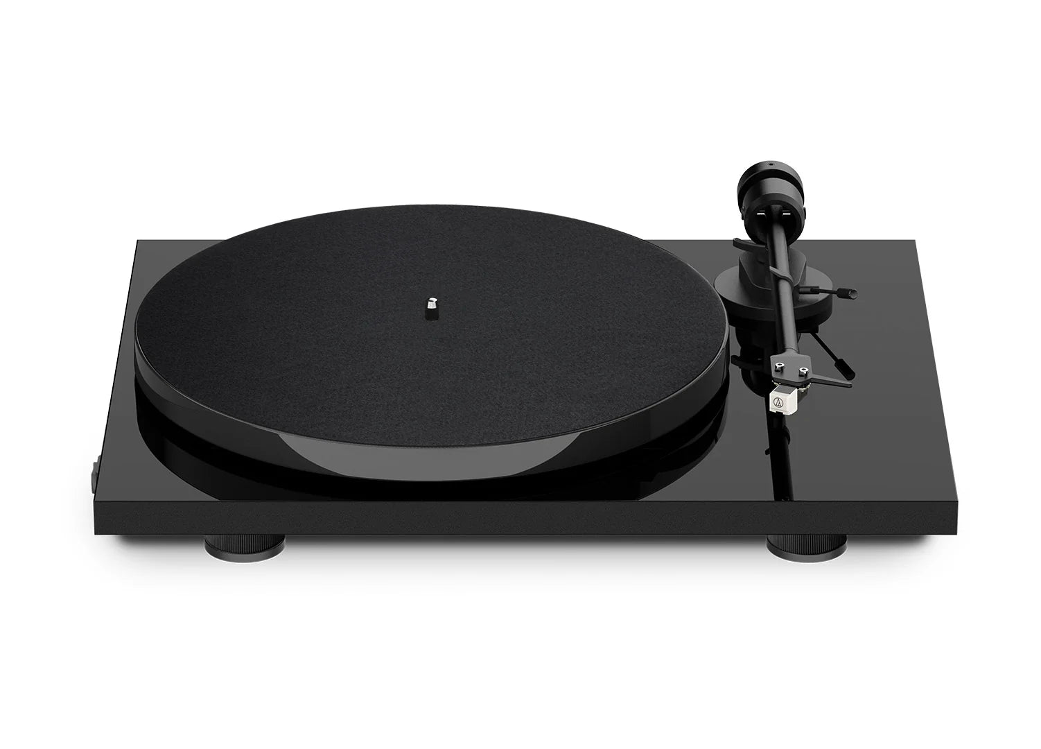 Pick-up Pro-Ject E1 Phono (AT3600L) negru, vedere frontală, cu platan, braț și cartuș vizibile complet.#color_black