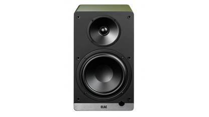 Boxă activă Elac Debut ConneX DCB61 culoare Olive, vedere frontală cu tweeter, woofer și buton volum.