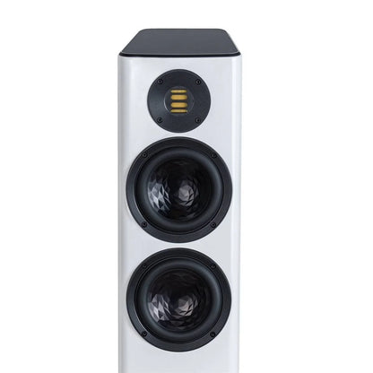 Boxă de podea Elac Vela FS 407.2 albă, vedere frontală cu două woofere și un tweeter JET vizibile.