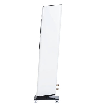 Boxa de podea Elac Vela FS 407.2 albă, vedere laterală cu conectori audio vizibili și bază stabilă.